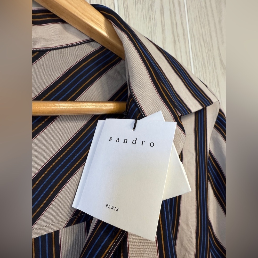 Sandro Paris Vilna Striped Tie-Front Midi Dress Beige/Blue Size 42 (US 10) NWT - Picture 11 of 12
